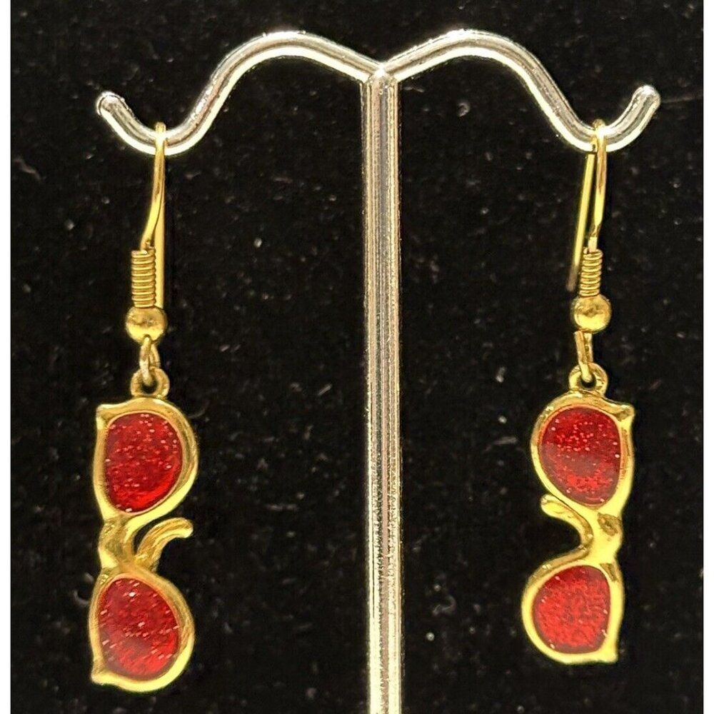 Gold Tone Red Glitter Enamel  Drop Dangle sunglasses Earrings Pierced Hook